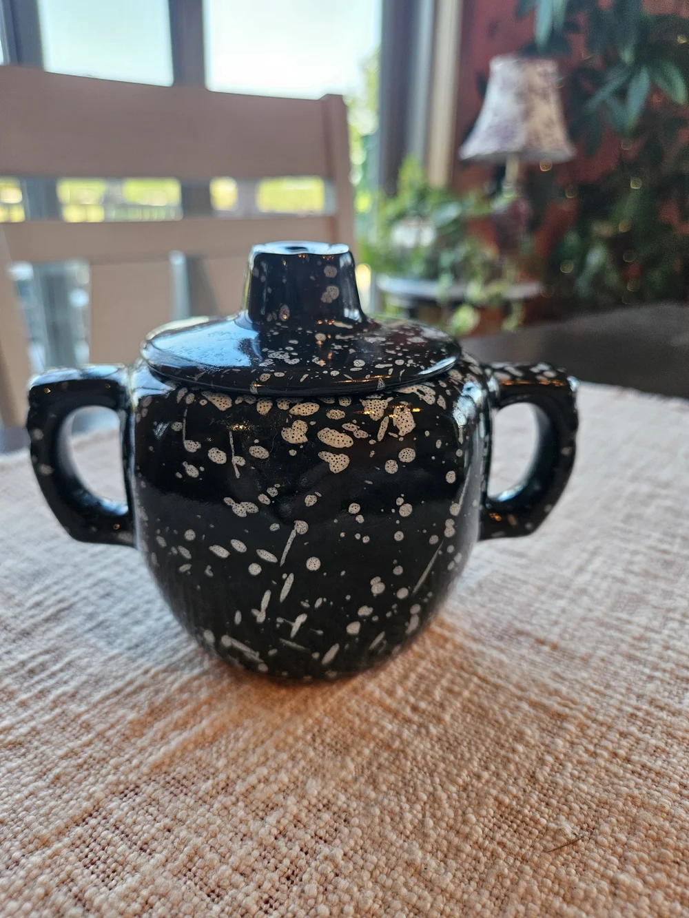 Rare Vintage Frankoma Pottery Dark Green Speckled Lidded Sugar Bowl